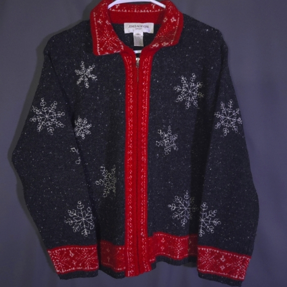 Jones New York Sport Zip Up Winter Cardigan Size Medium Wool Blend Snowflakes‎ - Picture 1 of 7